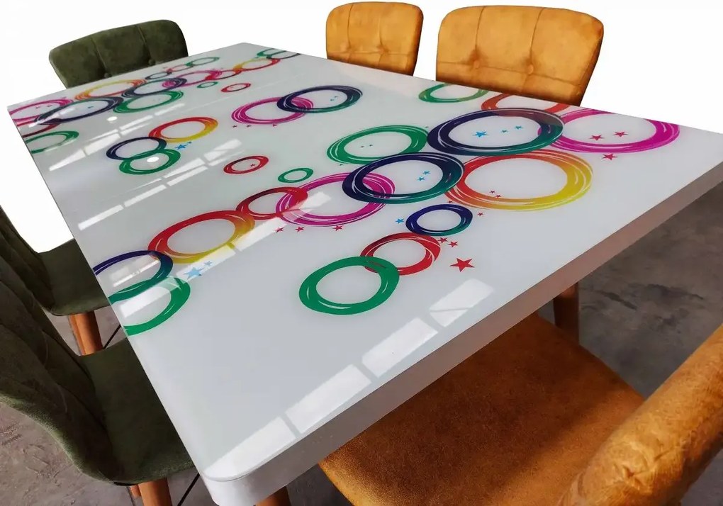 Set masa extensibila picioare lemn, blat sticla securizata multicolor +6 scaune tapitate Fusion Homs verde 80x 170 cm