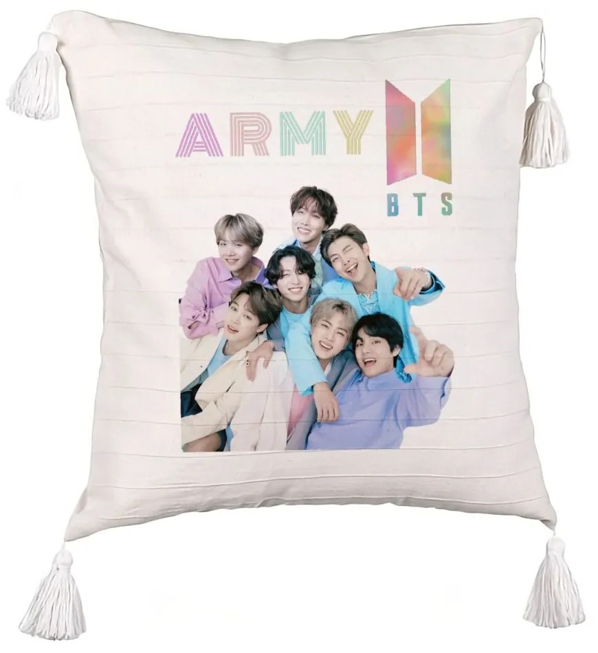 Perna Decorativa cu Franjuri BTS Army cu Semnaturi 2, 45x45 cm, Ecru, Cu fermoar