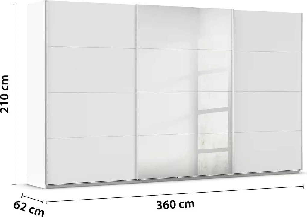 Dressing 360 cm lungime, 3 uși glisante, oglindă pe mijloc, culoare albă, compartimentare premium, 210 cm înălțime