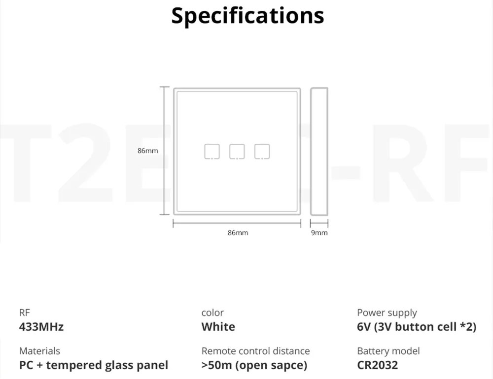 Telecomanda Wireless Sonoff T2EU2C-RF, 2 canale, RF, sticla securizata, alba