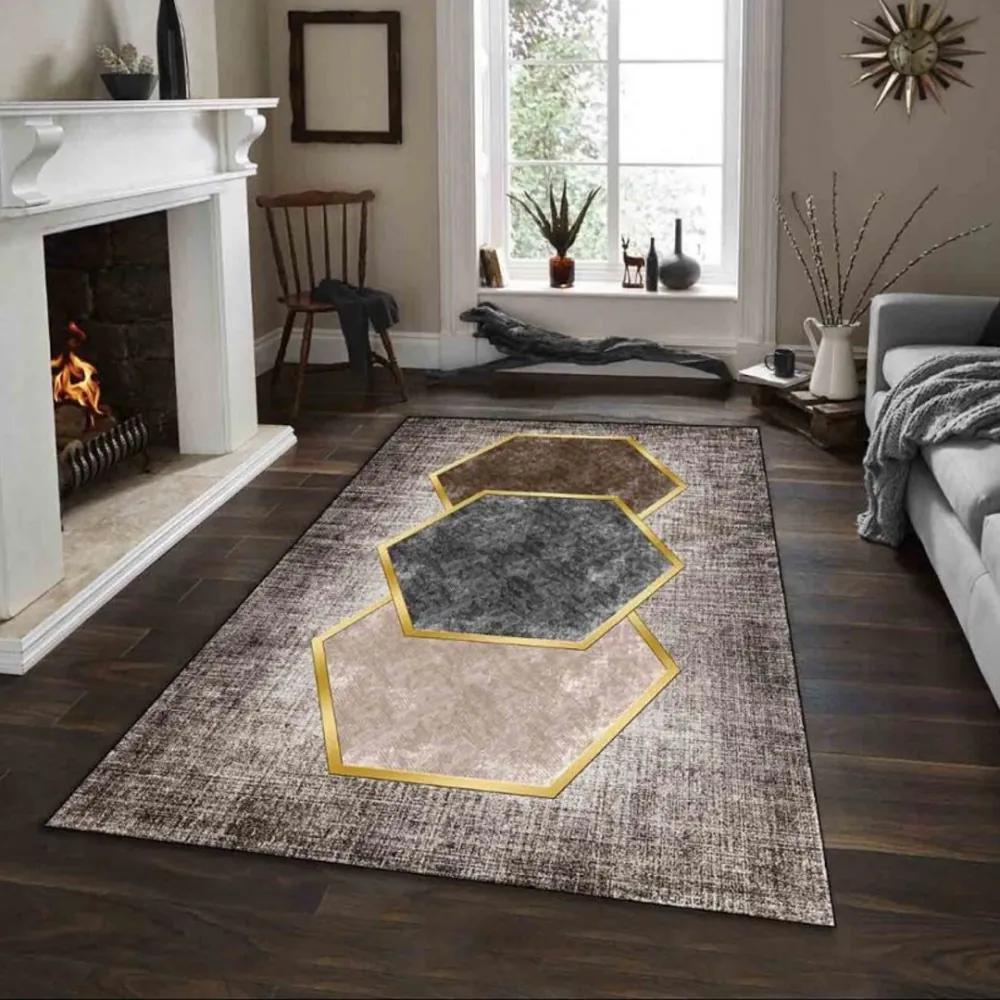 Covor Antiderapant  Design Hexagon  120x180cm  Maro/Gri/Auriu