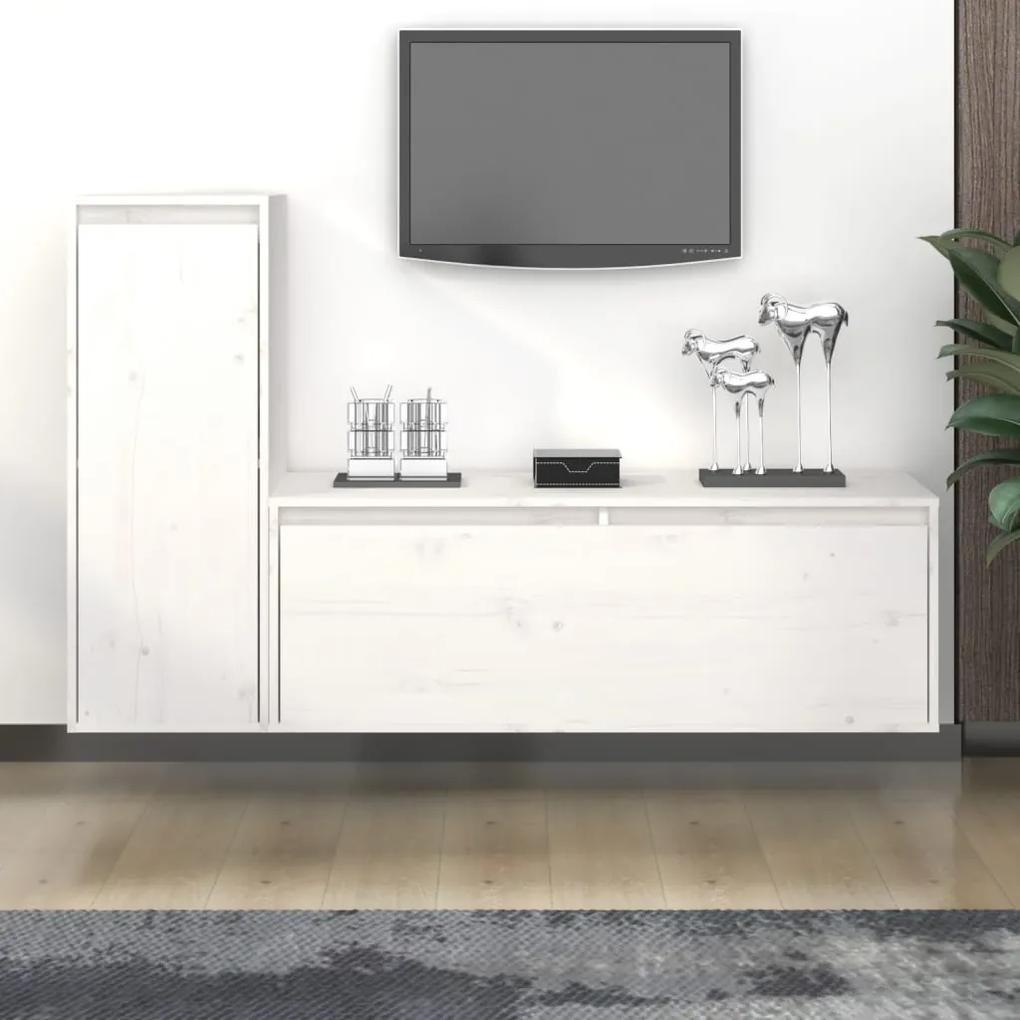 Comode TV, 2 buc., alb, lemn masiv de pin 2, Alb