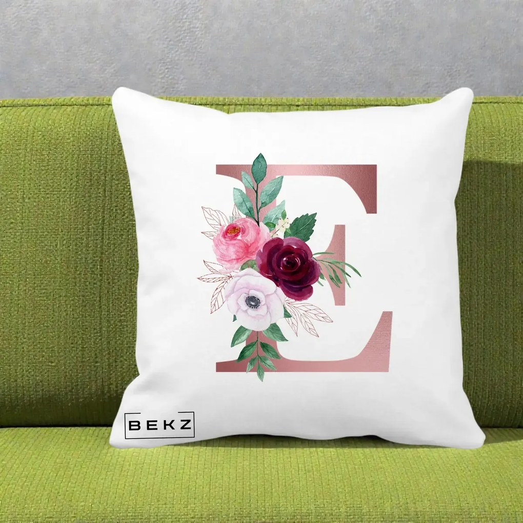 Cadou Personalizat - Perna Personalizata Monograma Rose Gold Litera E, 40x40 cm, Alba Mata, Husa Detasabila, Perna Inclusa, BEKZ®