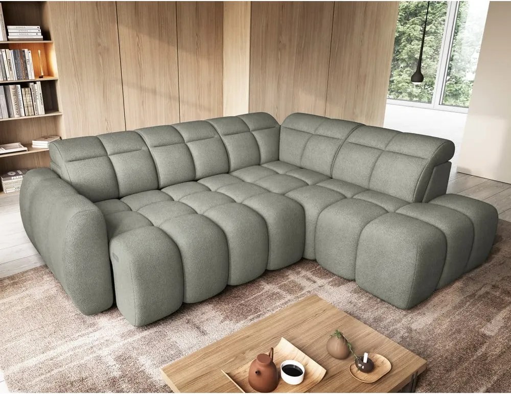 Colțar verde prăfuit extensibil/cu spațiu de depozitare cu tapițerie din țesătură bouclé (cu colț pe partea dreaptă/în formă de ”L”) Falconn – ELTAP