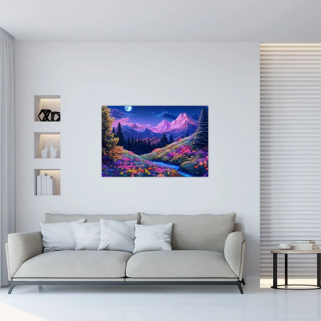 Tablou - Peisaj violet la lună plină (90x60 cm)