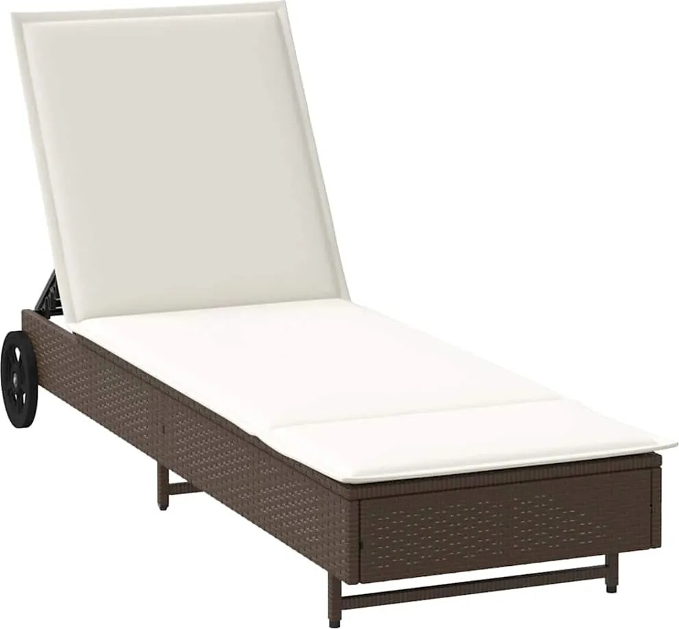 vidaXL Șezlong de plajă cu roți și pernă, maro, poliratan