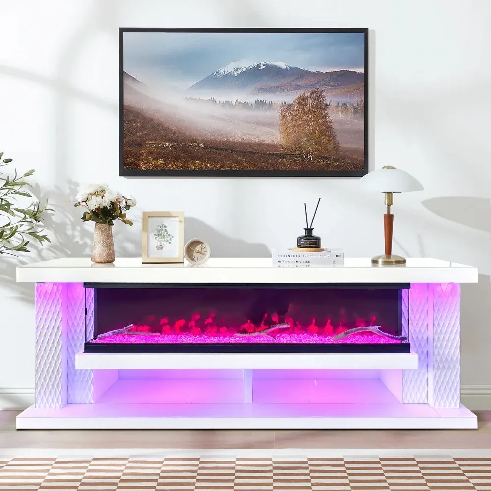Șemineu Electric cu Flacără LED în 7 Culori, Comodă TV, Bluetooth, Difuzoare Integrate, Iluminare LED Ambientală, Telecomandă, MDF, Finisaj Alb Oglindă