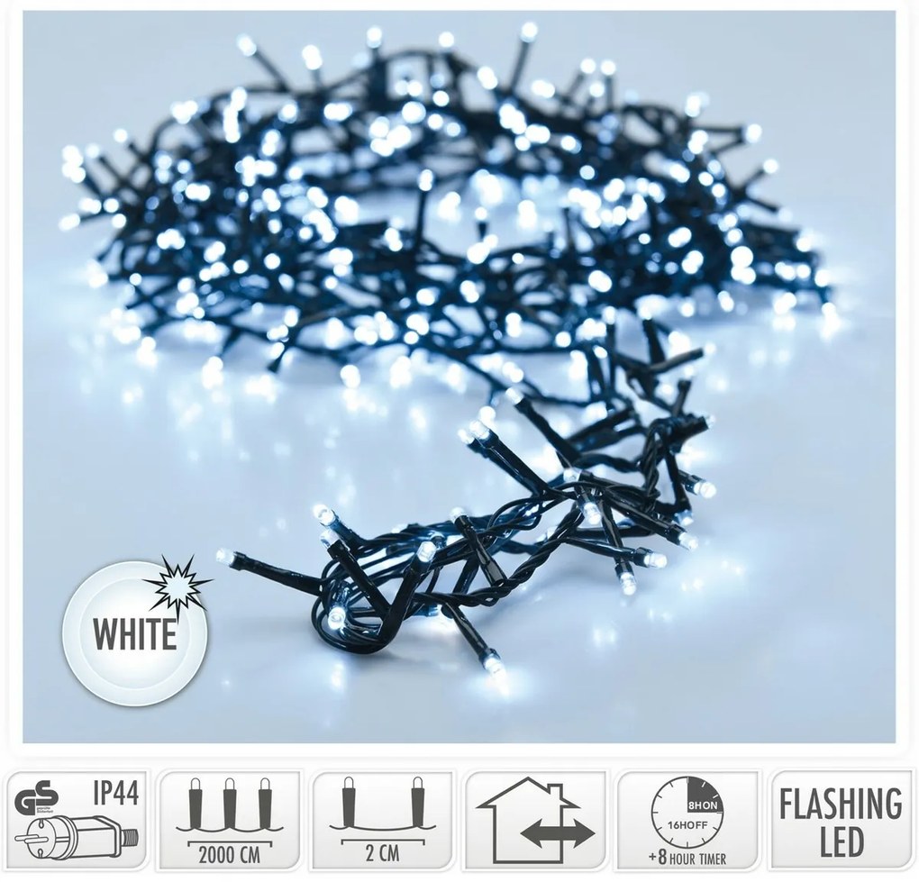 Lanț luminos exterior, 20 m, 1000 LED-uri, albrece, temporizator, IP44