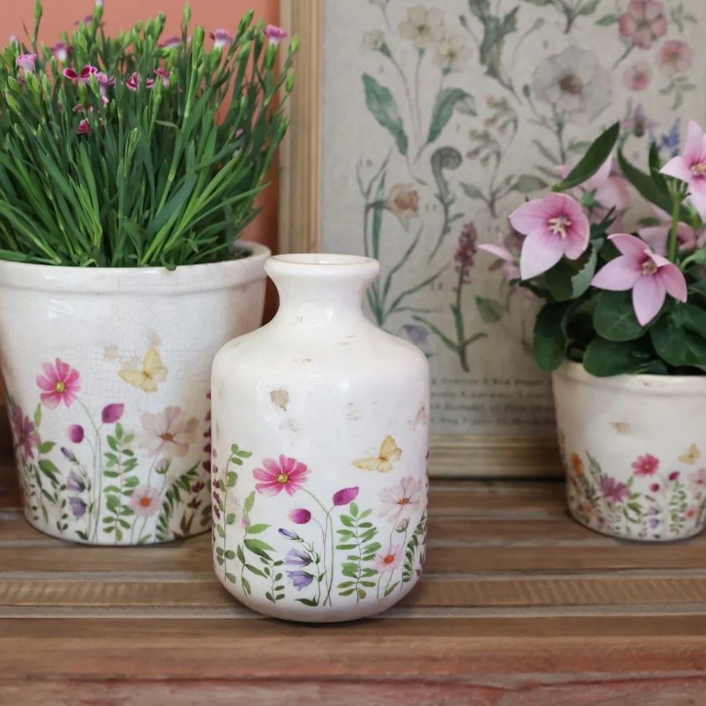 Vază din ceramică crem cu motiv floral "Avignon", H17.5/D11 cm