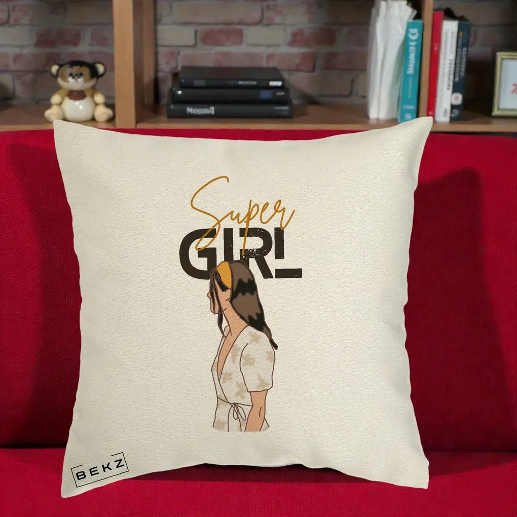 Perna Decorativa Super Girl Aesthetic, 40x40 cm, Ecru, Husa Detasabila, Perna Inclusa, BEKZ®