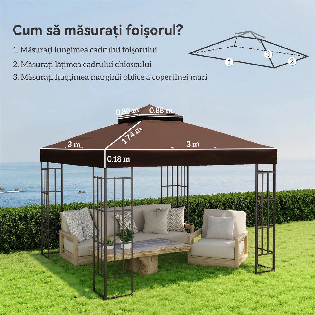 Outsunny Acoperiș de Schimb pentru Foișor 3x3 m cu 2 Niveluri pentru Grădină, Copertină Rezistentă la Apă din Țesătură Oxford 370g/㎡ Anti-UV 30+ cu Orificii de Drenaj, Cafeniu | Aosom Romania