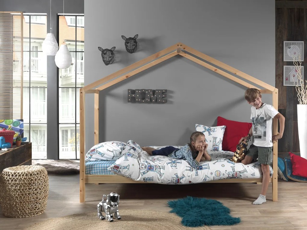 Set DALLAS culoare lemn natural format dintr-un Pat copii Vipack fără gard (90 x 200 cm) și o SALTEA PAT COPII Basic Cool (90 x 200 x 10 cm).