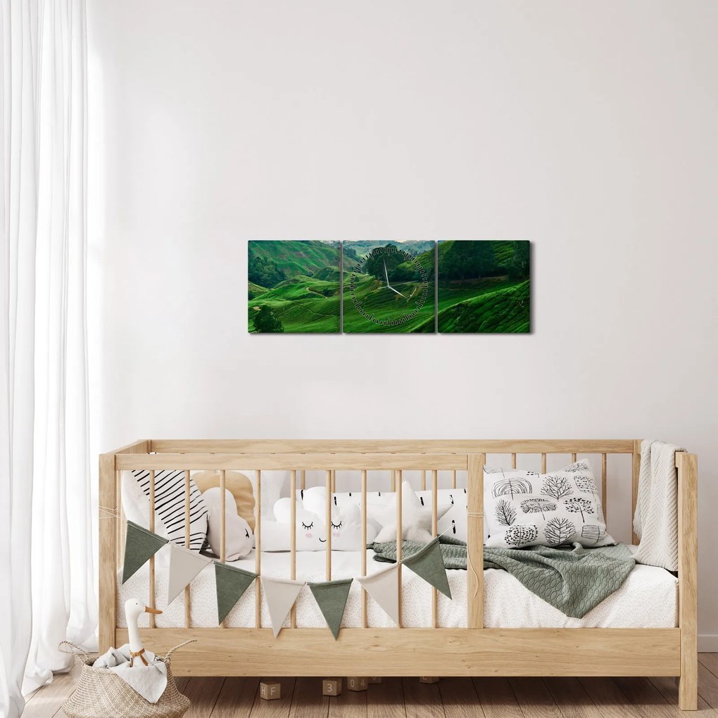 Tablou Plantații de ceai - Malaezia (cu ceas) (90x30 cm)