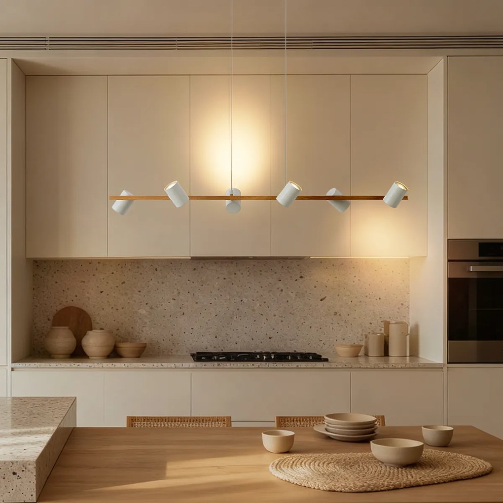 Smart hanglamp hout met wit langwerpig 6-lichts incl. Wifi GU10 - Jeana Straight