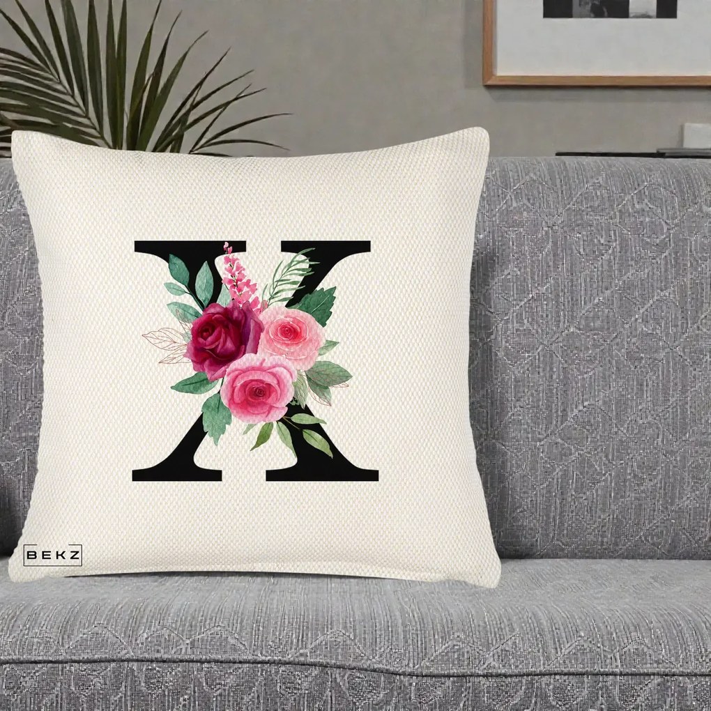 Cadou Personalizat - Perna Personalizata Monograma Florala Litera X cu Buchet, 40x40 cm, Crem Reliefat, Husa Detasabila, Perna Inclusa, BEKZ®