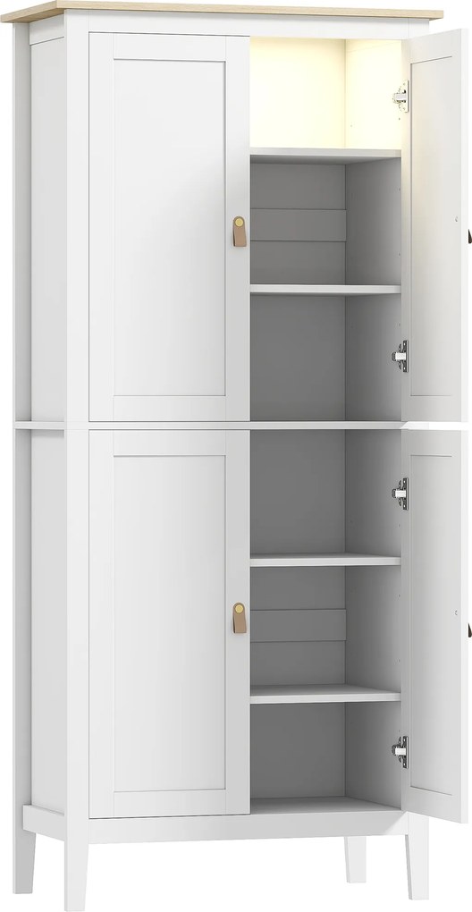 HOMCOM Bufet Înalt de Bucătărie 177 cm, Dulap cu Lumină LED, Reglabil în 3 Culori, Rafturi Ajustabile, Alb | Aosom Romania