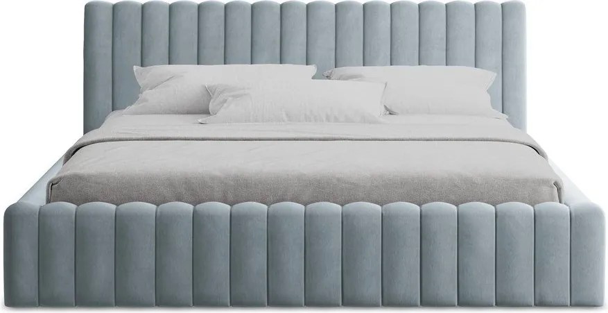 Pat matrimonial albastru deschis tapițat cu spațiu de depozitare cu somieră 180x200 cm Lemi – Makamii
