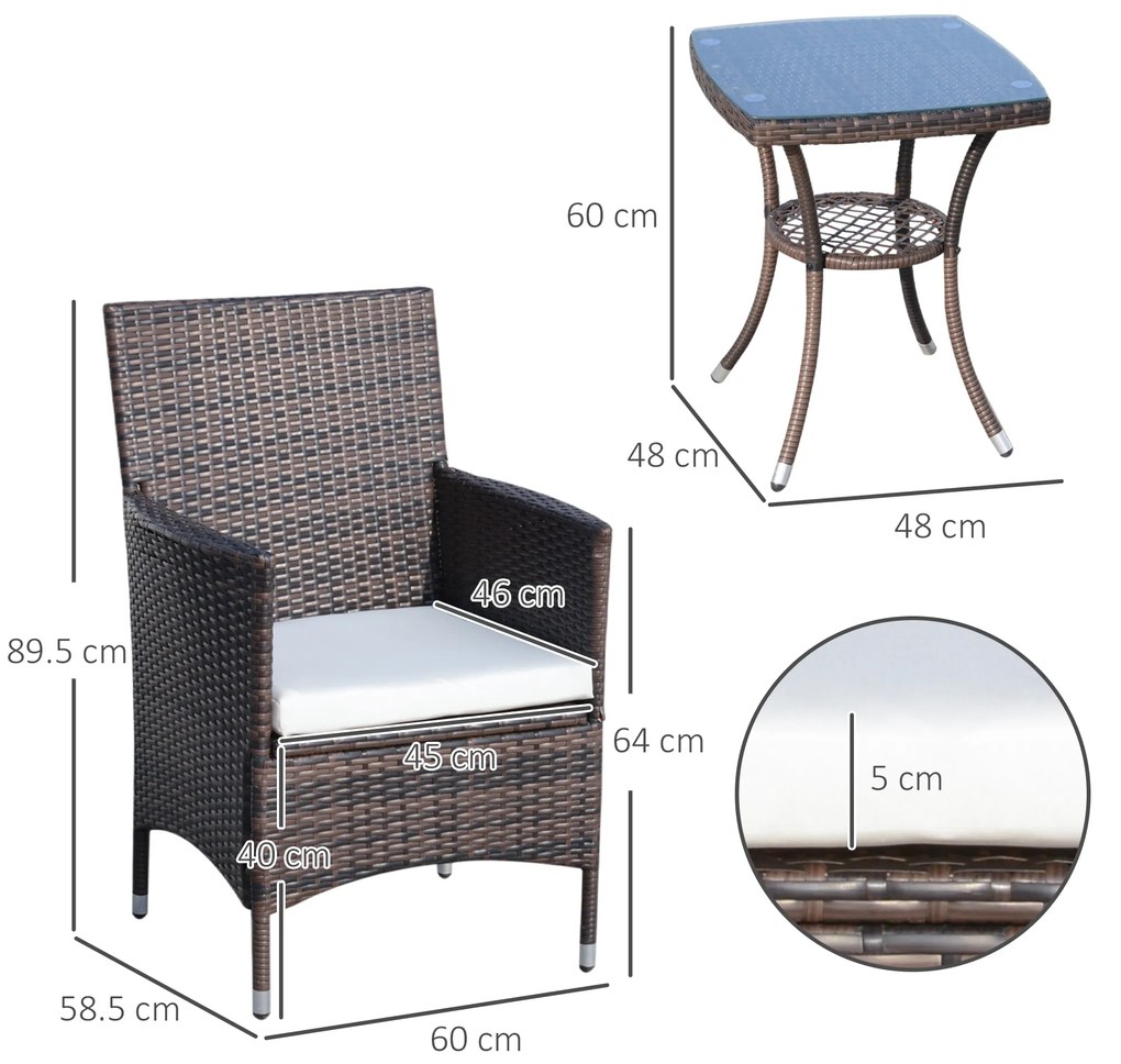 Outsunny Set Mobilier Gradina din Ratan 2 Fotolii Terasa si Masa de Cafea in Sticla cu Perne Decorative, 48x48x60cm Maro | Aosom.ro | Aosom Romania