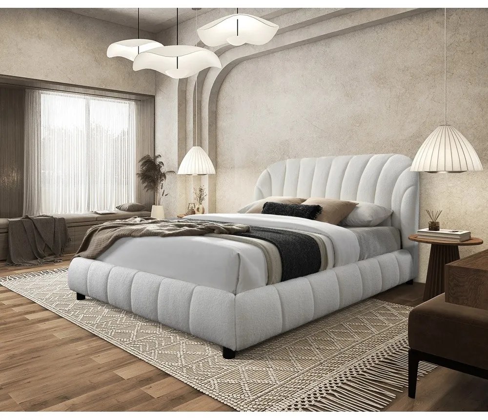 Pat tapitat Milano cu bucle 140x200, cadru din lemn cu somiera fixa, culoare Crem