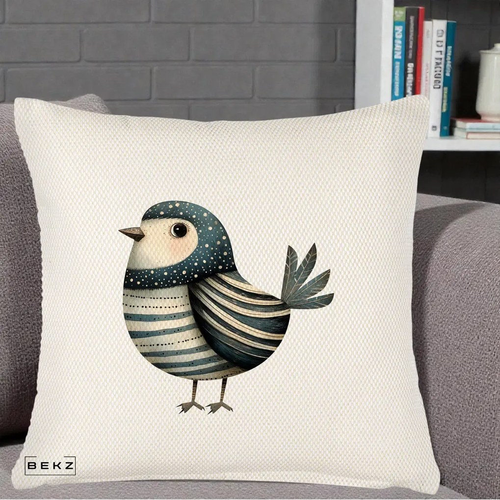 Perna Decorativa Pasare Teal Decorativa Dungata, 40x40 cm, Crem Reliefat, Husa Detasabila, Perna Inclusa, BEKZ®