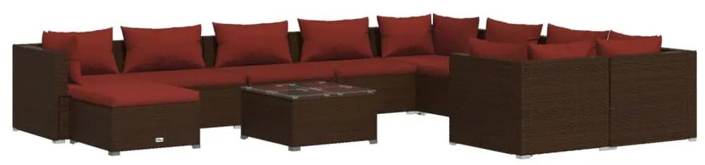 Set mobilier de gradina cu perne, 11 piese, maro, poliratan maro si rosu, 4x colt + 5x mijloc + suport pentru picioare + masa, 1