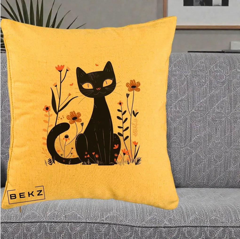 Perna Decorativa Pisica Neagra Flori Pastel Folk, 40x40 cm, Galben, Husa Detasabila, Perna Inclusa, BEKZ®