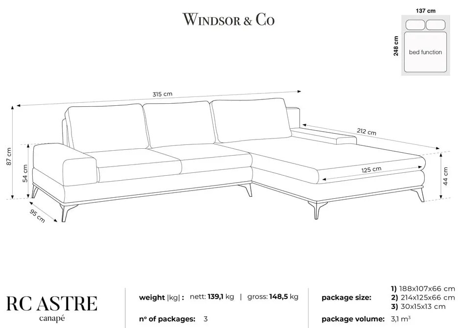 Colțar extensibil cu șezlong pe partea dreaptă Windsor & Co Sofas Planet, albastru petrol