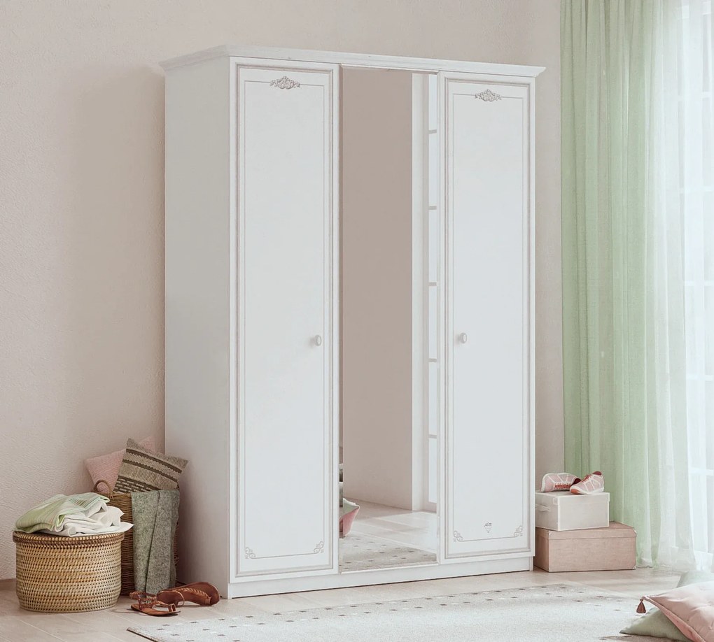 Dulap cu 3 usi si oglinda pentru camera fetelor, Colectia Selena Grey