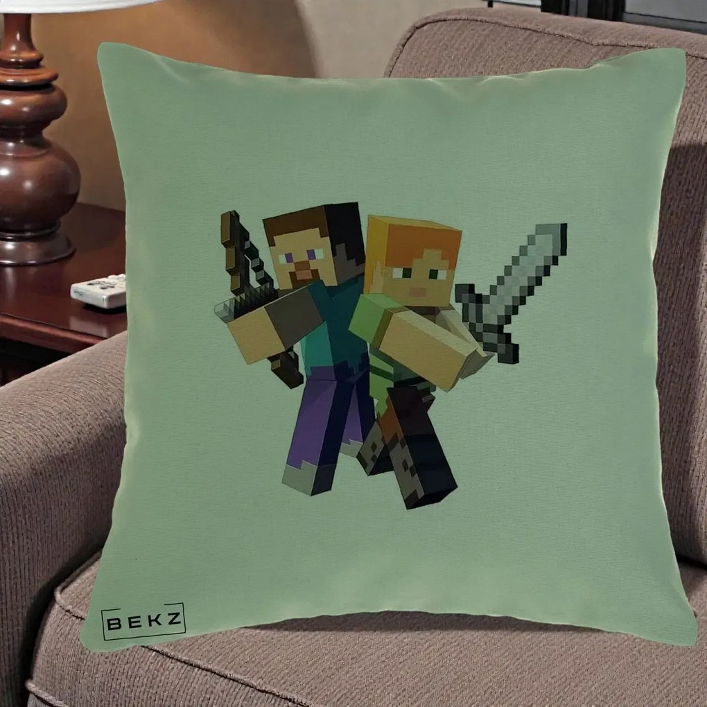 Perna Personalizata Minecraft Steve si Alex, 40x40 cm, Verde, Husa Detasabila, Perna Inclusa, BEKZ®