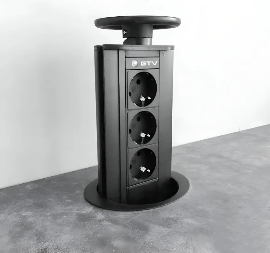 Priză încorporabilă în blat GTV, 3 prize Schuko, negru, D:100 mm Aluminiu, Negru, D:100 mm