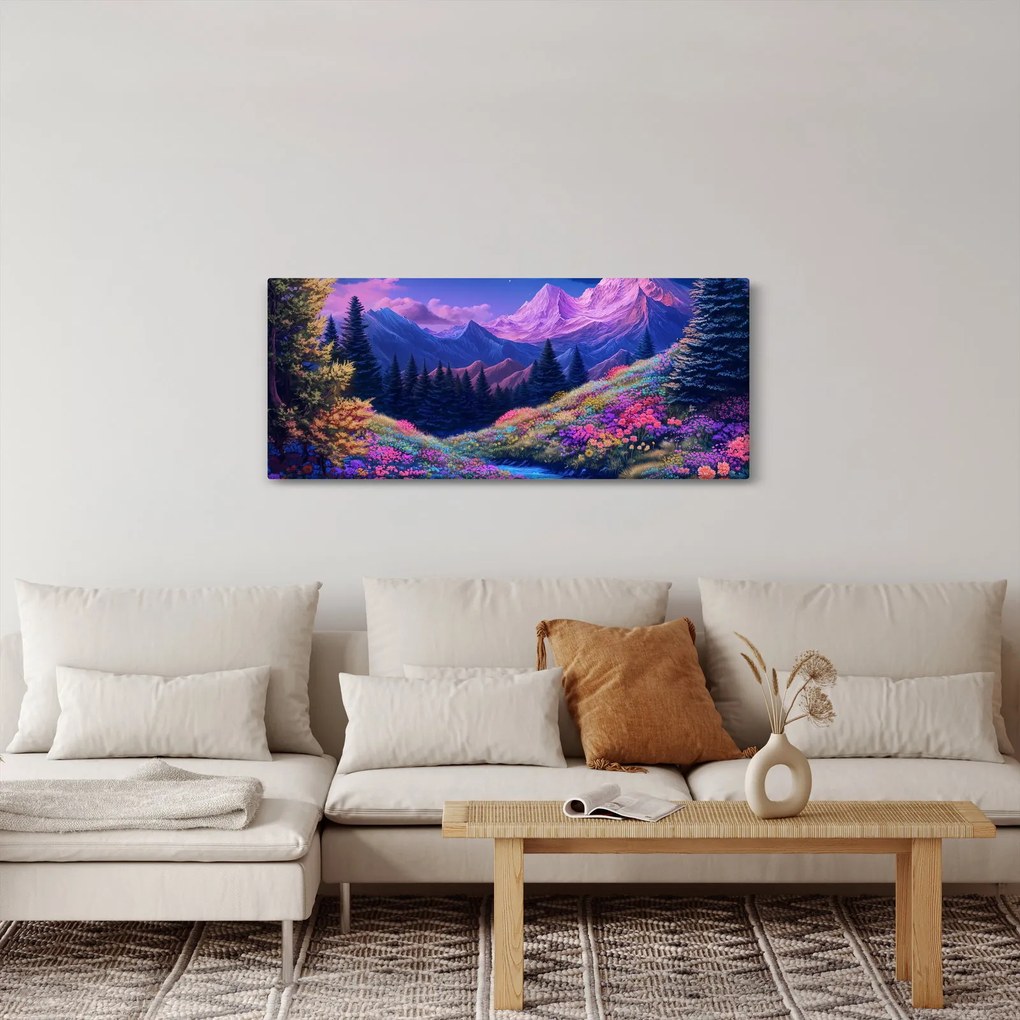 Tablou - Peisaj violet la lună plină (120x50 cm)