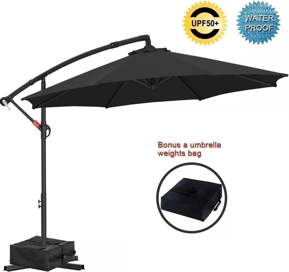 Umbrelă suspendată de grădină, cu braț lateral și manivelă, impermeabilă, protecție UV, bază în cruce inclusă + BONUS sac greutate (weights bag inclus), Negru
