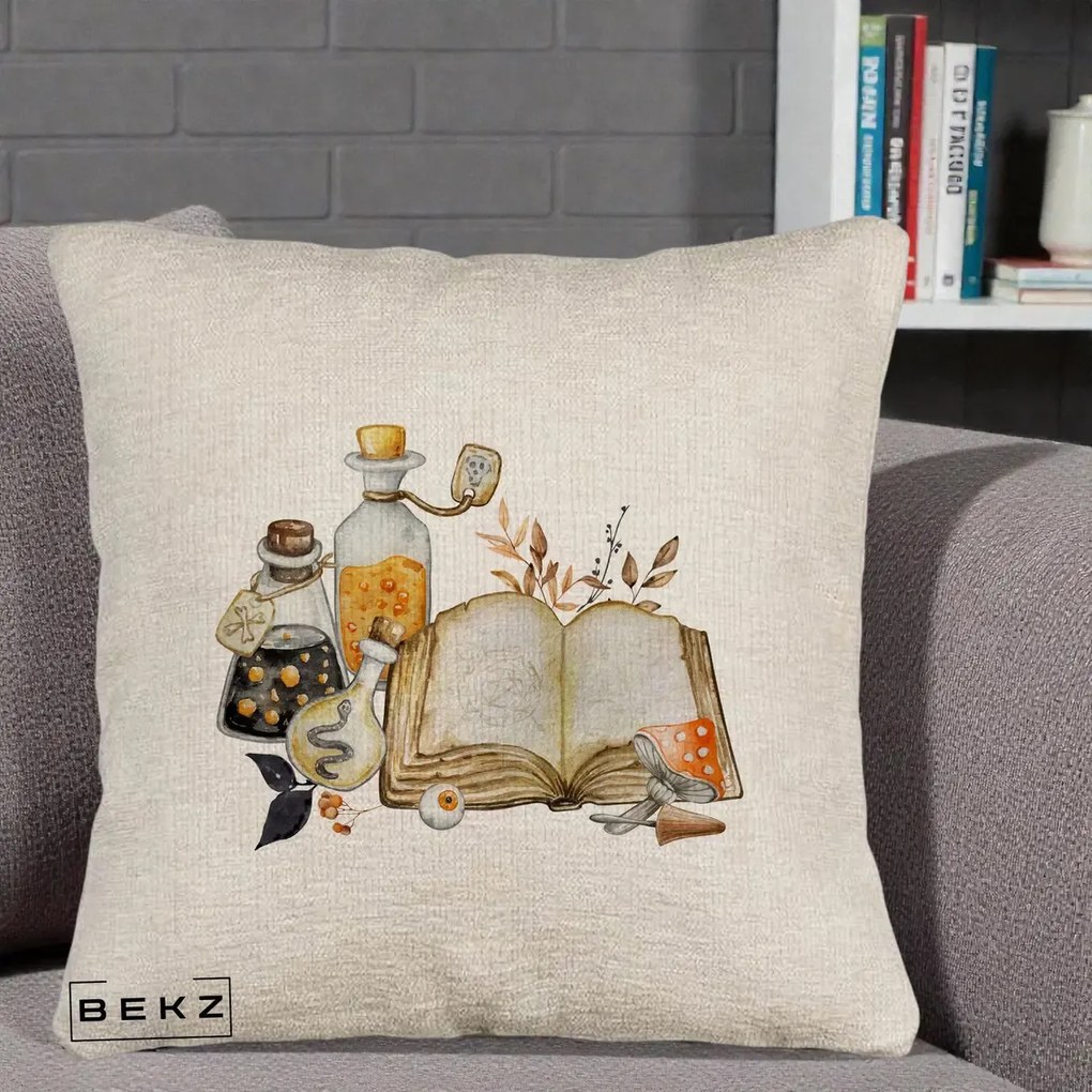 Perna Decorativa Grimoire Vrajitoare si Filtre Magice Halloween, 40x40 cm, Bej Canapea, Husa Detasabila, Perna Inclusa, BEKZ®