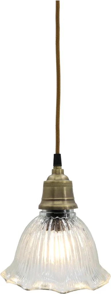 Lustră suspendată vintage din sticlă transparentă și suport din alamă antichizată, 17×18 cm, „Clochette"