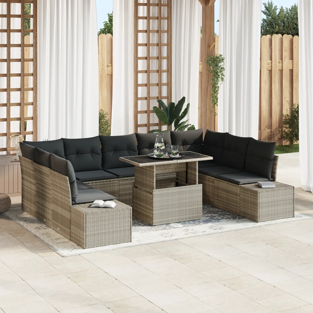 vidaXL Set de canapele pentru grădină cu pernă 10 pcs Gri deschis