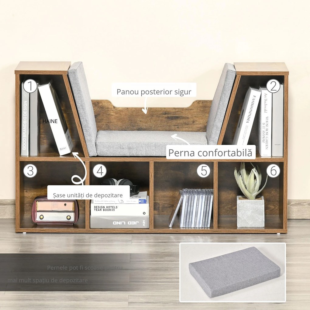 HOMCOM Bibliotecă-bancă 2 în 1 cu perne de șezut, etajeră cub cu 6 compartimente deschise, 102 x 30 x 61 cm, maro rustic | Aosom Romania