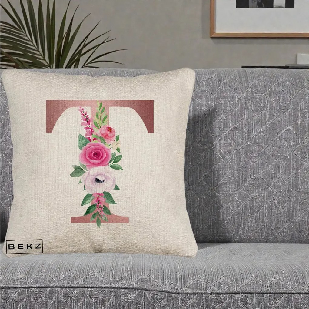 Cadou Personalizat - Perna Personalizata Monograma Rose Gold Litera T, 40x40 cm, Bej Canapea, Husa Detasabila, Perna Inclusa, BEKZ®