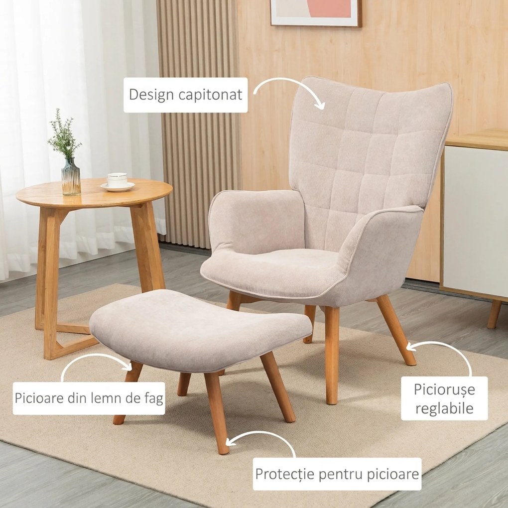 HOMCOM Fotoliu cu Taburet pentru Cameră sau Living din Catifea cu Model Crestat , Spătar Înalt și Brațe, 72x80x101 cm, Bej | Aosom Romania