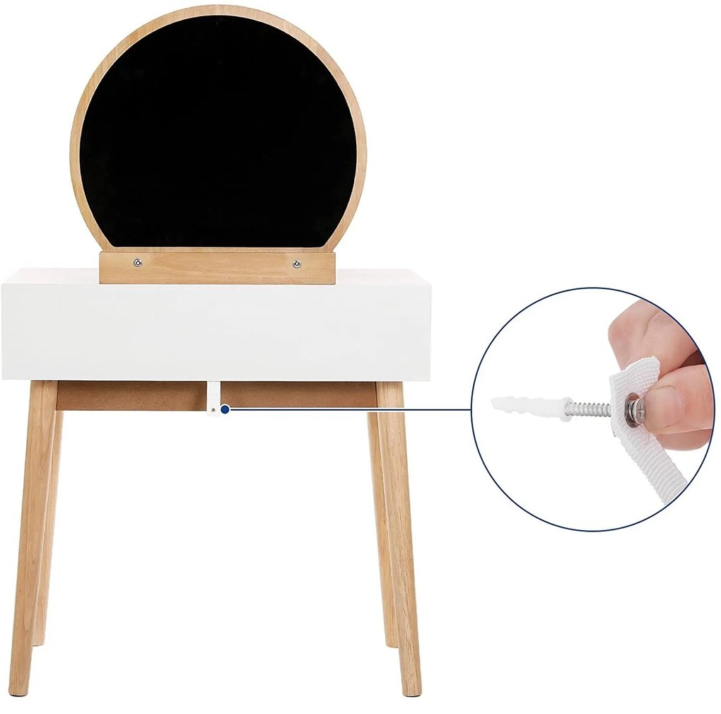 Masa cosmetica cu taburet si oglinda rotunda Alb+Natur