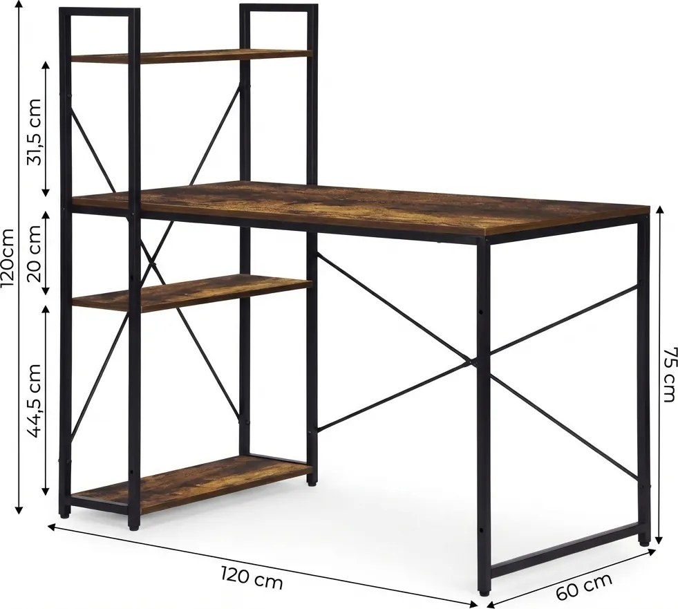 Birou de scris cu raft LOFTY 120x60 cm, negru / maro rustic