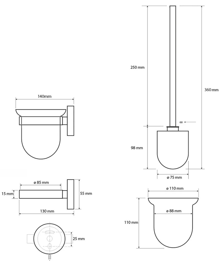 Perie de toaletă SAPHO XS301 X-Steel de perete,din oțel inoxidabil periat