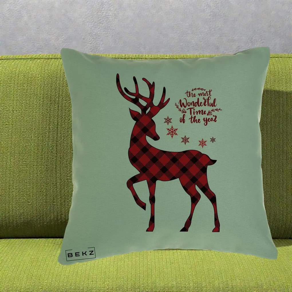 Perna Decorativa Ren Buffalo Plaid Craciun, 40x40 cm, Verde, Husa Detasabila, Perna Inclusa, BEKZ®