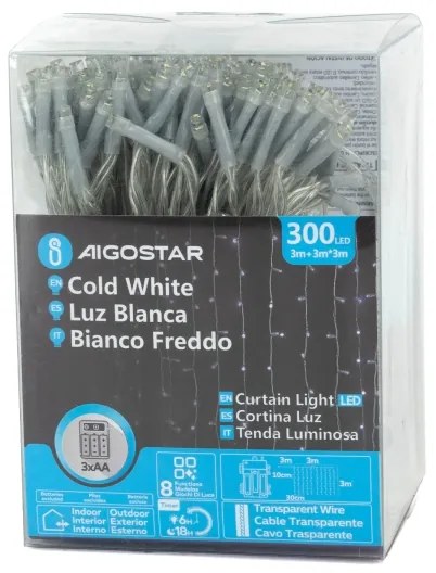 Instalație LED de Crăciun de exterior Aigostar 300xLED/8 funcții 3xAA 6x2m IP44 alb rece