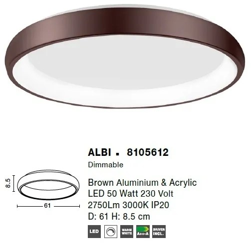 Plafoniera LED moderna design slim 61cm ALBI maro NVL-8105612