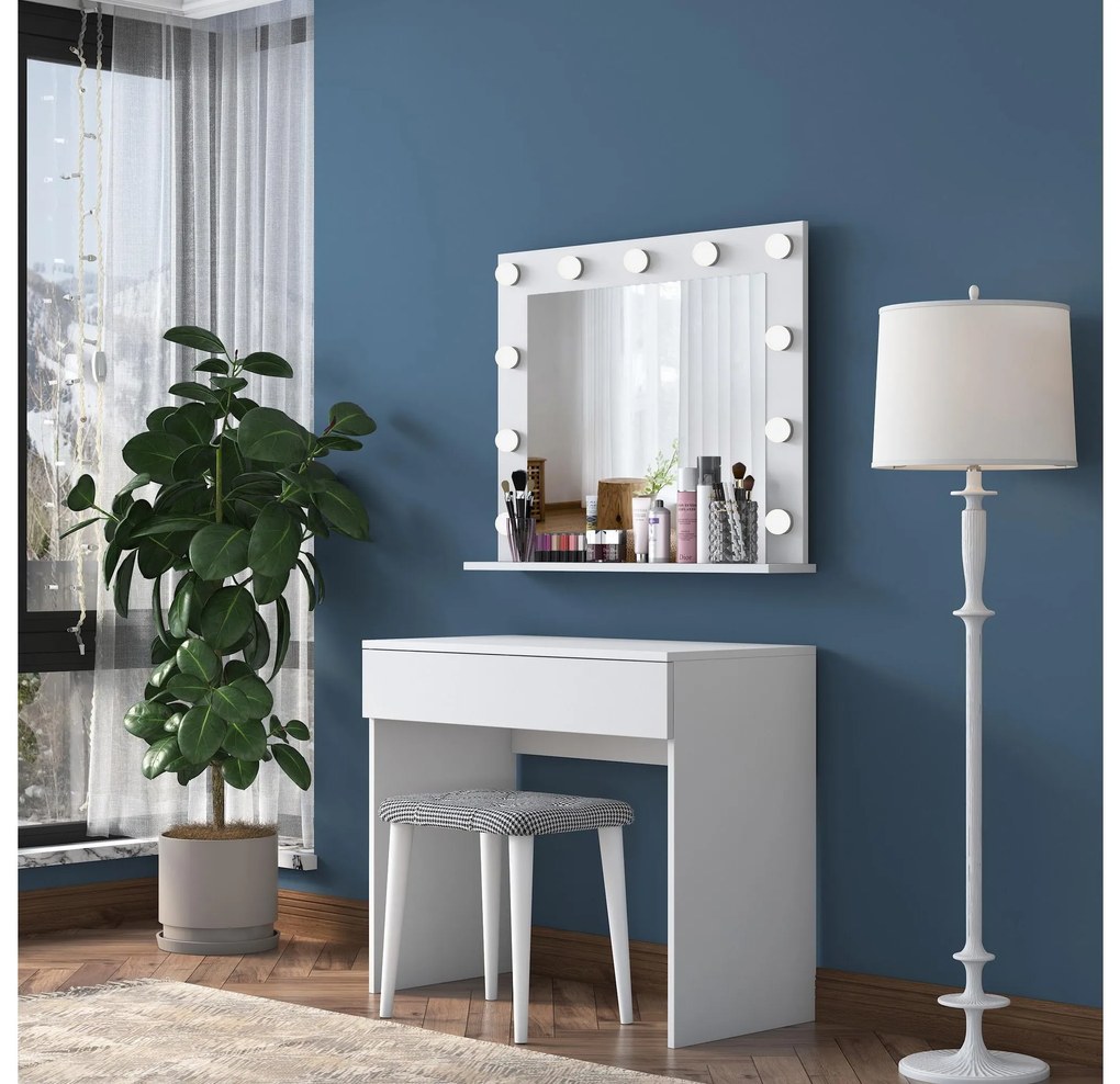 Măsuță de toaletă cu Taburetee Blake 21 (cu oglindă) (cu iluminat LED) (alb). 1107278