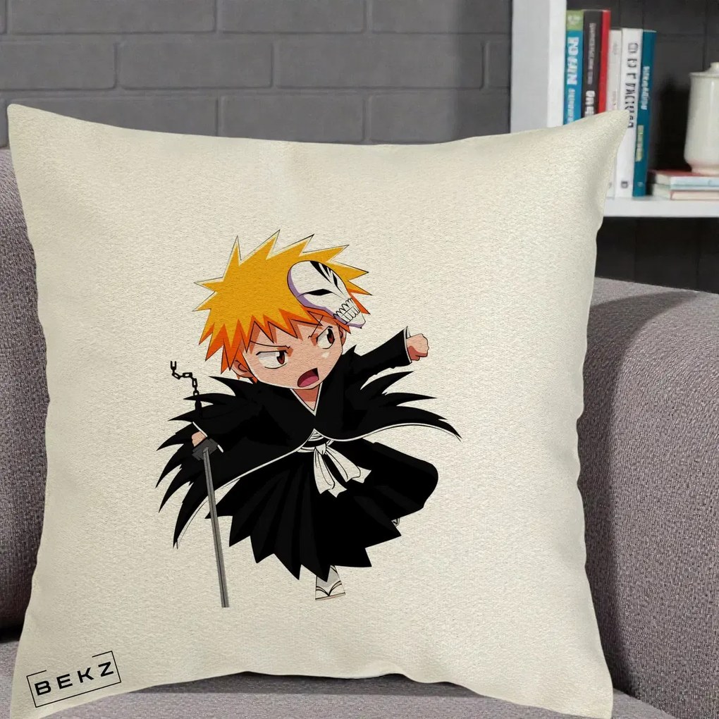 Perna Personalizata Bleach Ichigo Chibi cu Masca, 40x40 cm, Ecru, Husa Detasabila, Perna Inclusa, BEKZ®