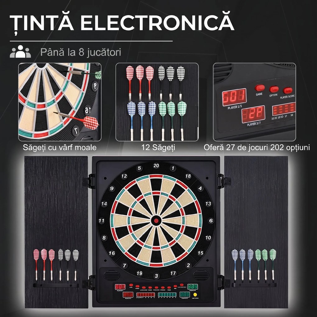 HOMCOM Tabla de Darts Electronică Profesională cu 6 Display-uri, 12 Săgeți, 27 Moduri de Joc, 51x6.5x57cm, Negru | Aosom Romania