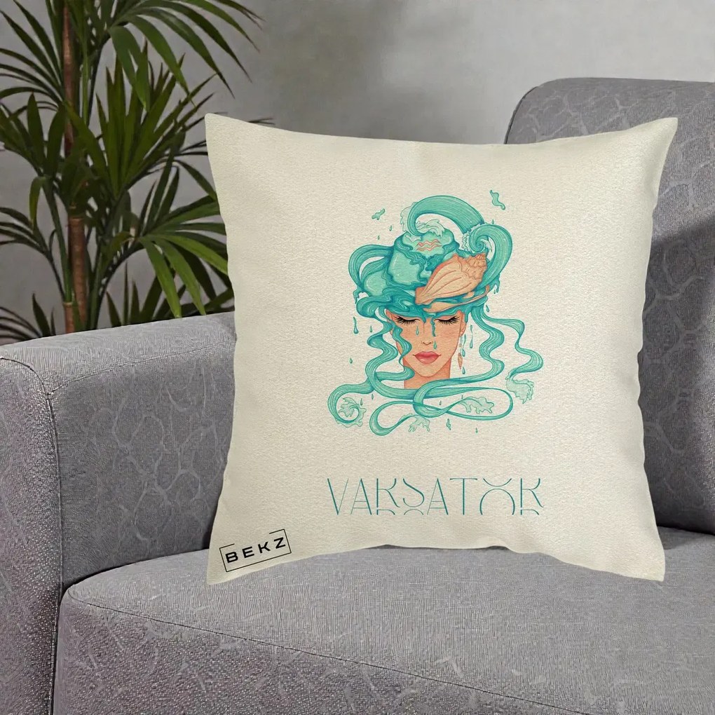 Perna Personalizata Zodiac Varsator Cowgirl, 40x40 cm, Ecru, Husa Detasabila, Perna Inclusa, BEKZ®