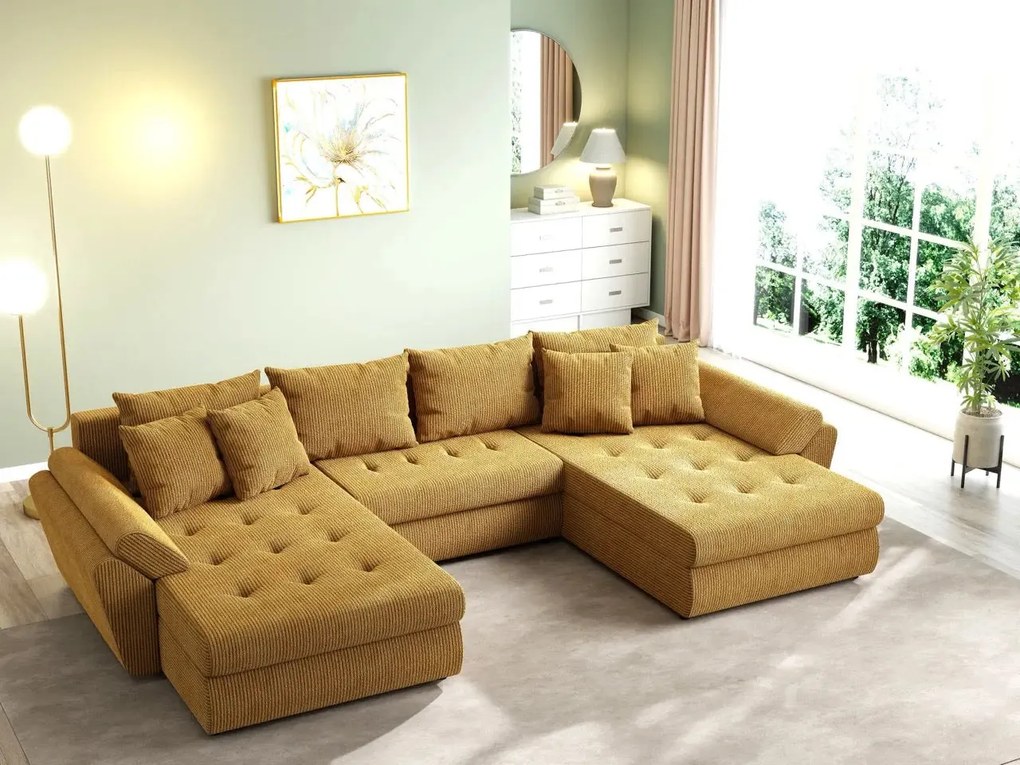 Colțar extensibil dumonde cu ladă de depozitare si sezut confortabil din spuma high-density, Loana U Zoom Mustar 355x185 cm