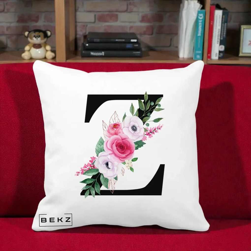 Cadou Personalizat - Perna Personalizata Monograma Florala Litera Z cu Buchet, 40x40 cm, Alba Mata, Husa Detasabila, Perna Inclusa, BEKZ®